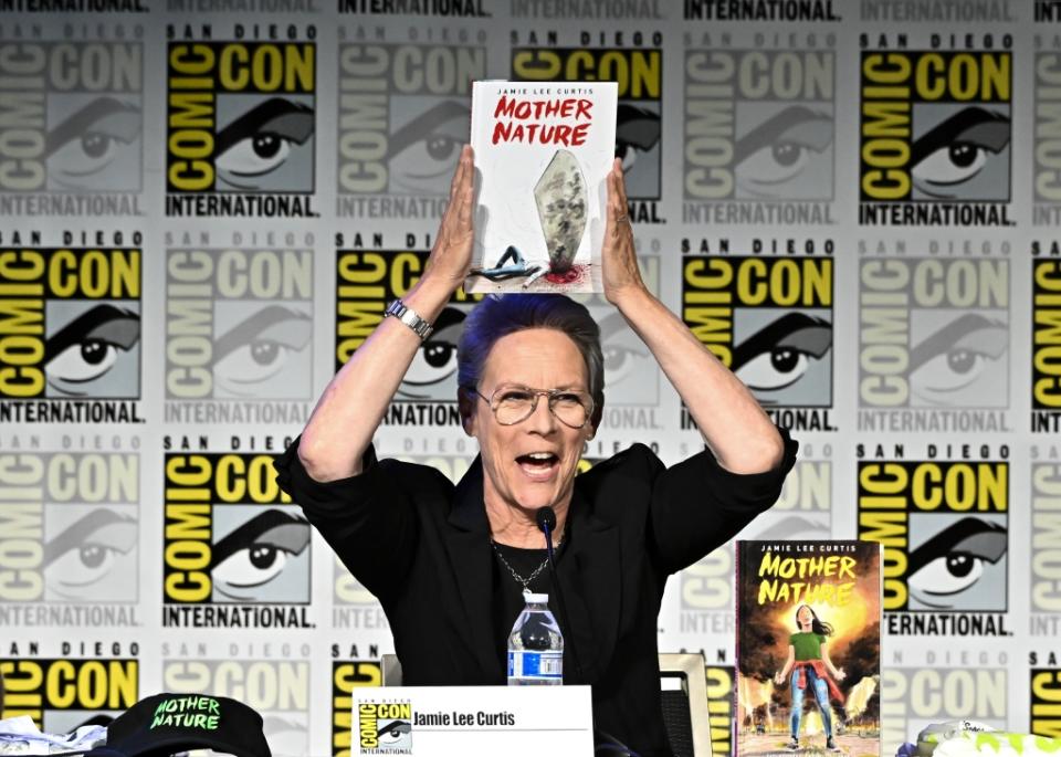 Jamie Lee Curtis onstage at the panel for her graphic novel "Mother Nature" at the 2023 Comic-Con International: San Diego at the San Diego Convention Center on July 21, 2023 in San Diego, California.