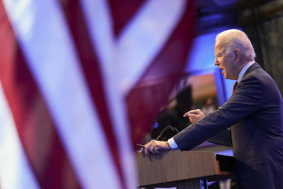 Democratic presidential candidate former Vice President Joe Biden gives a speech on the Supreme Court at The Queen Theater, Sunday, Sept. 27, 2020, in Wilmington, Del. (AP Photo/Andrew Harnik)