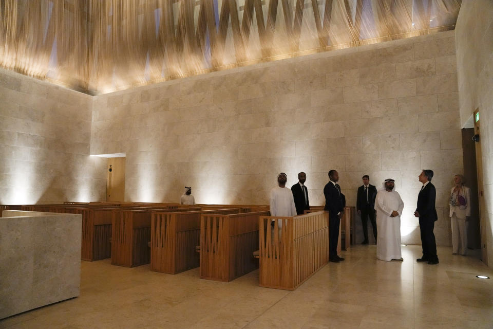 U.S. Secretary of State Antony Blinken tours the Moses Ben Maimon Synagogue at the Abrahamic Family House, in Abu Dhabi, United Arab Emirates, Saturday Oct. 14, 2023. (AP Photo/Jacquelyn Martin, Pool)