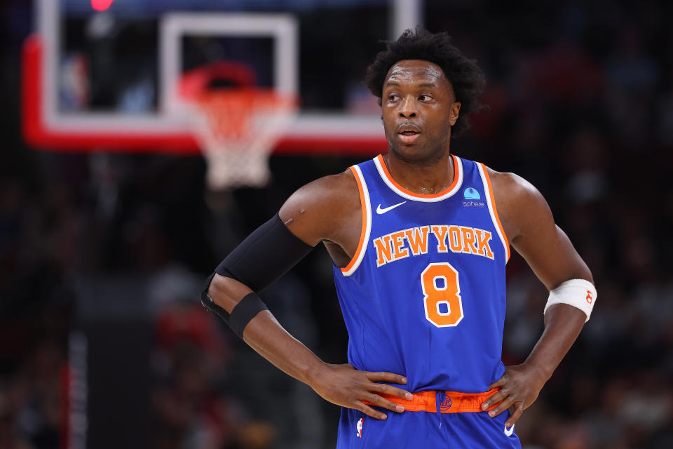 CHICAGO, ILLINOIS - APRIL 09: OG Anunoby #8 of the New York Knicks looks on against the Chicago Bulls during the first half at the United Center on April 09, 2024 in Chicago, Illinois. NOTE TO USER: User expressly acknowledges and agrees that, by downloading and or using this photograph, User is consenting to the terms and conditions of the Getty Images License Agreement. (Photo by Michael Reaves/Getty Images)