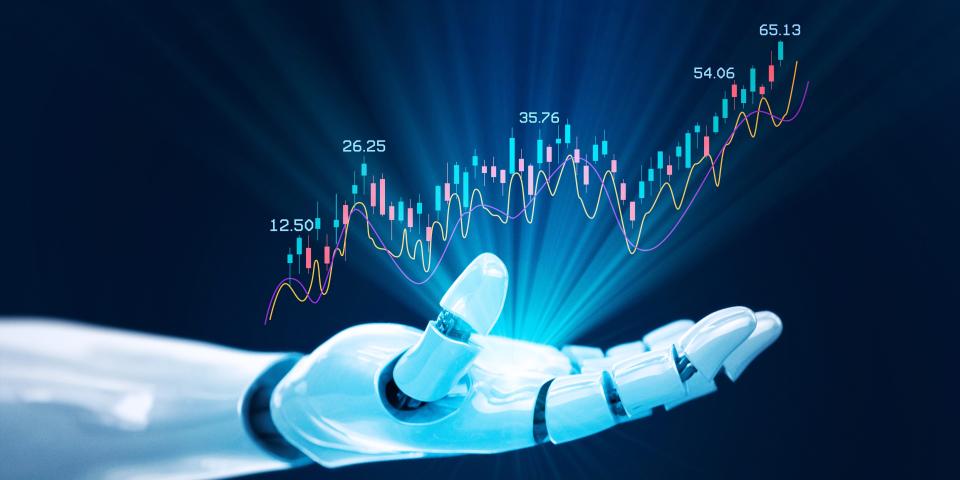 Robot showing stock market financial growth chart