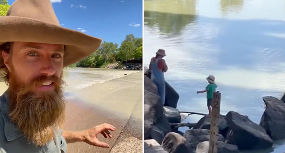 Left: Tour guide David McMahon standing at Cahilll's Crossing. Right: Young child standing on rock at Cahill's Crossing. 