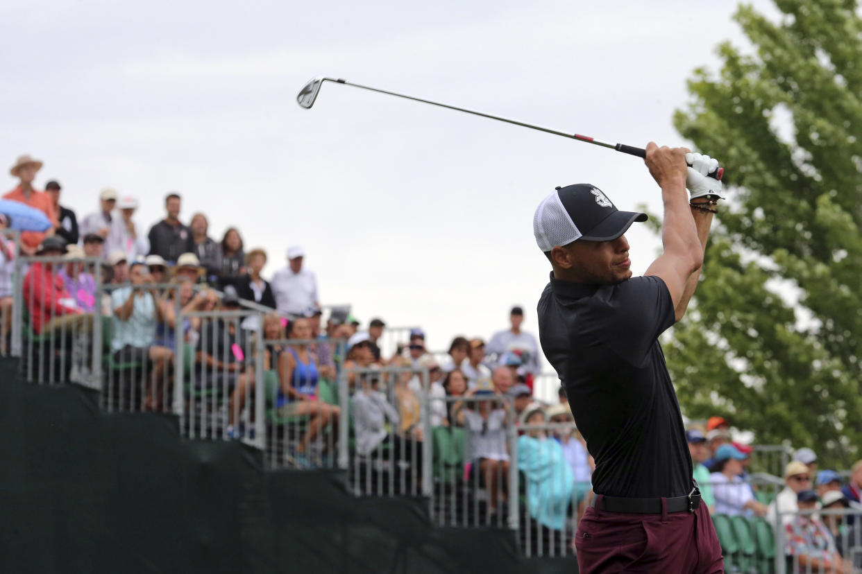 Golden State Warriors guard and NBA superstar Stephen Curry cards best professional golf round. (AP Photo)