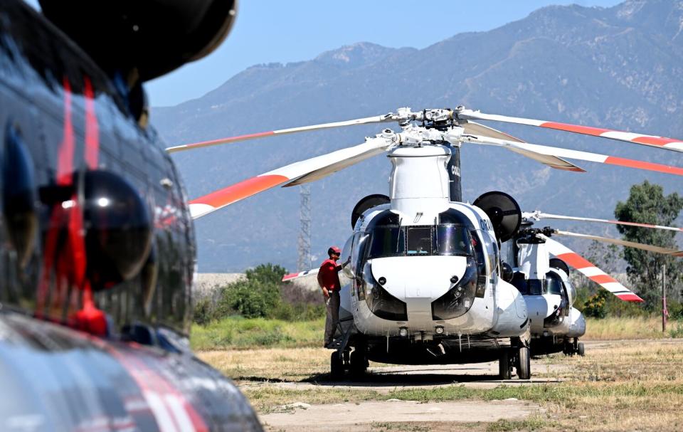 A line of idle helicopters sit in a grassy field.