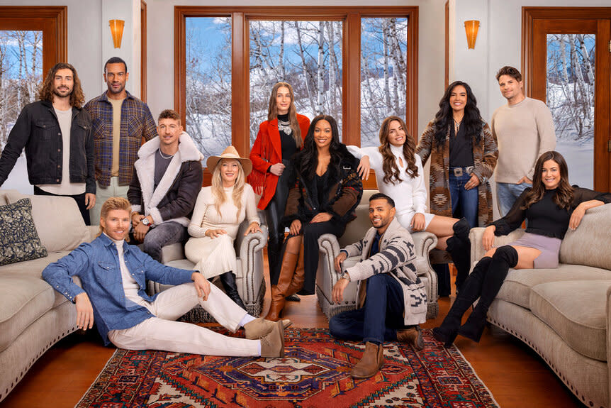 Amanda Batula, Kyle Cooke, Danielle Olivera, Katie Flood, Alex Propson, Malia White, Tom Schwartz, Kory Keefer, Jason Cameron, Jordan Emanuel, Brian Benni, and Casey Craig pose together inside a living room.