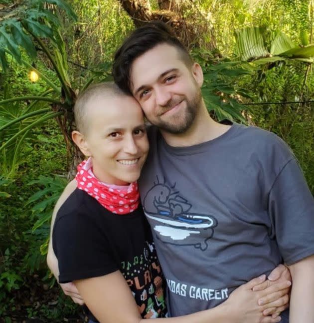 The author with her husband, Max Gamble, after she completed chemotherapy for stage 3C neuroendocrine cancer. (Photo: Courtesy of Taryn Hillin)