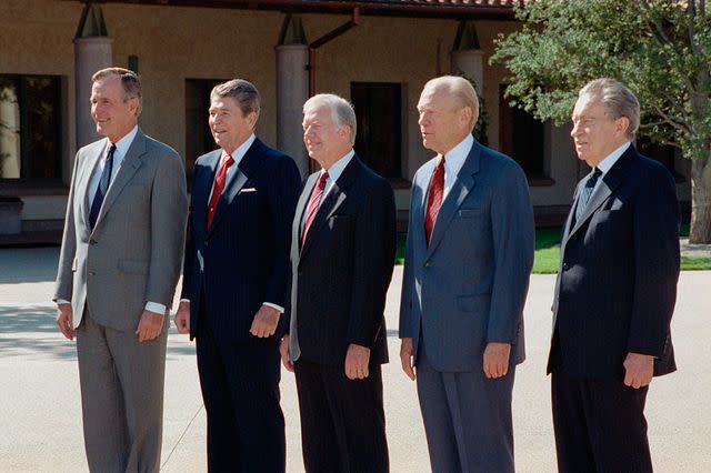 <p>Bettmann / Getty Images </p> Former U.S. Presidents George H.W. Bush, Ronald Reagan, Jimmy Carter, Gerald Ford and Richard Nixon