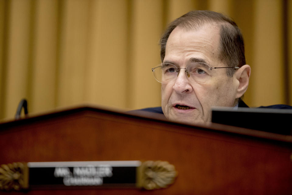 Judiciary Committee Chairman Jerrold Nadler, D-N.Y., questions Acting Attorney General Matthew Whitaker as he appears before the House Judiciary Committee on Capitol Hill, Friday, Feb. 8, 2019, in Washington. Democrats are eager to press him on his interactions with President Donald Trump and his oversight of the special counsel's Russia investigation. (AP Photo/Andrew Harnik)