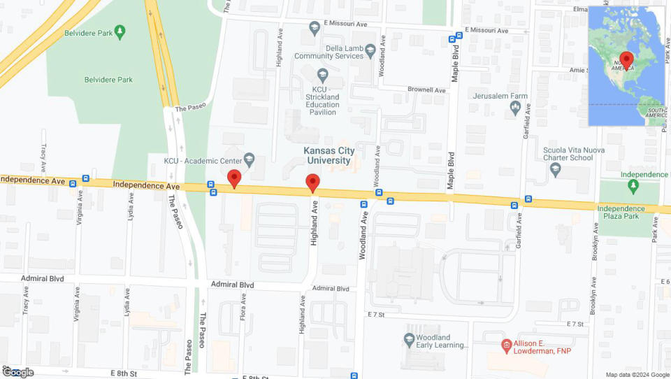 A detailed map that shows the affected road due to 'Kansas City: Independence Avenue/US-24 closed' on May 5th at 12:48 a.m.