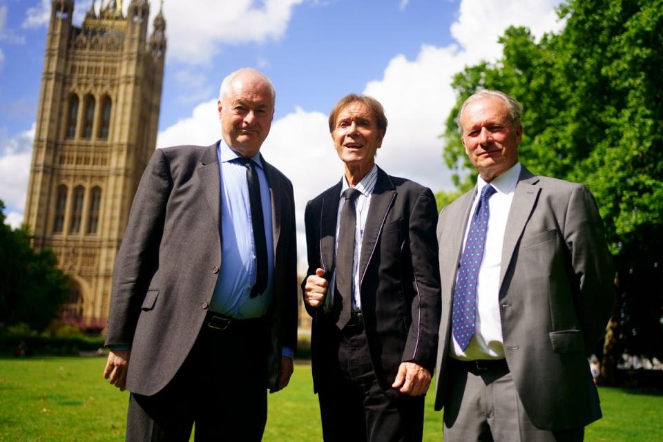 DJ Paul Gambaccini, singer Sir Cliff Richard and Daniel Janner QC (Victoria Jones/PA) (PA Wire)