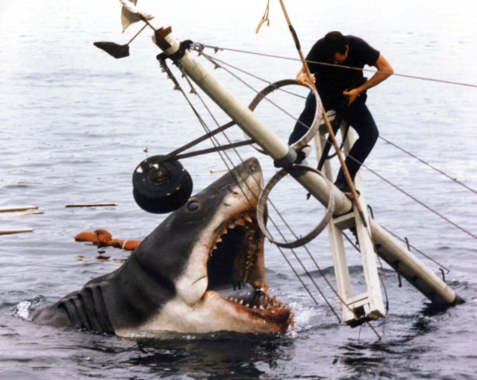 3. Jaws, <a href="http://movies.yahoo.com/movie/1800082735/info" data-ylk="slk:Jaws" class="link ">Jaws</a> With razor-sharp teeth, an insatiable thirst for blood, and an Academy Award-winning film score courtesy of John Williams, "Jaws" bit its way onto the big screen and into the record books in the summer of '75 by devouring Amity Island's innocent beachgoers and scaring up more than $470 million at the box office.