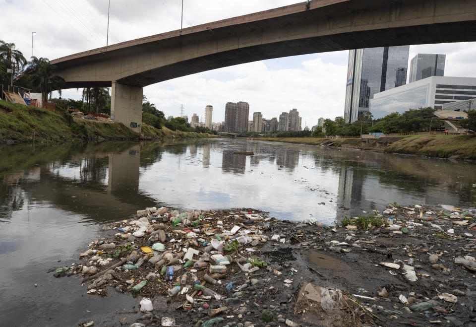 Debris floats in the Pinheiros River in Sao Paulo, Brazil, Thursday, Oct. 22, 2020. Affected by domestic sewage and solid wastes discharges for years, Sao Paulo's state government is again trying to clean the Pinheiros River, considered one of the most polluted in Brazil. (AP Photo/Andre Penner)