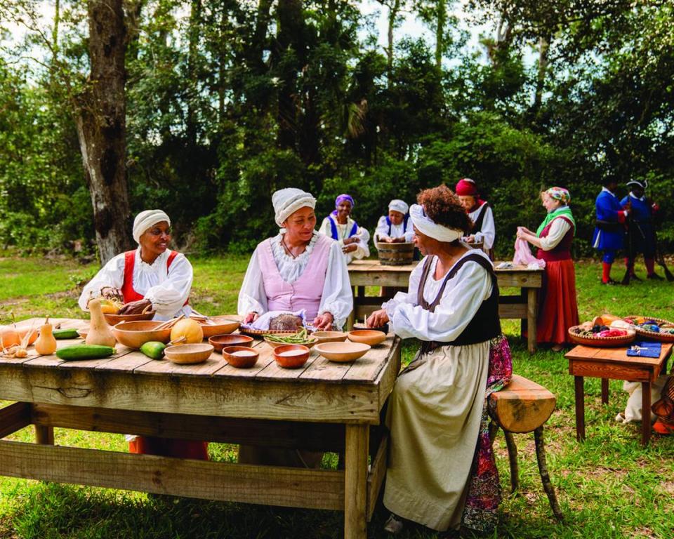 Reenactment of a scene of life at Fort Mose. Located just outside of St. Augustine, Fort Mose was the first free, Black settlement in what would become the United States of America.