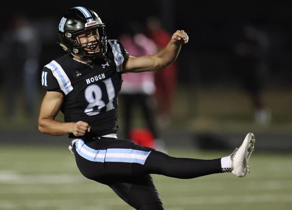 Hough High’s kicker Nolan Hauser watches his 52-yard field goal clear the goal post during first half action against West Charlotte on Friday, October 6, 2023.