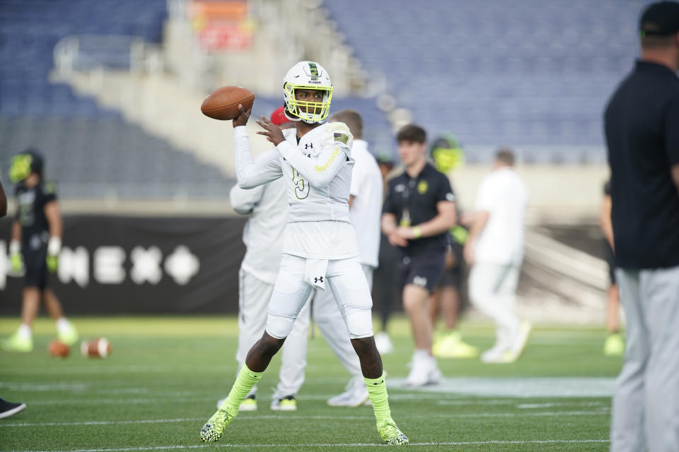 ORLANDO, FL - JANUARY 03: Team Speed quarterback Jaden Rashada (5) throws before the Under Armour Next All-America Football Game at Camping World Stadium in Orlando FL on January 3, 2022. (Photo by Chris Leduc/Icon Sportswire via Getty Images)