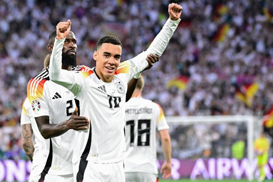 Jamal Musiala celebrates after scoring Germany’s second goal (AFP)