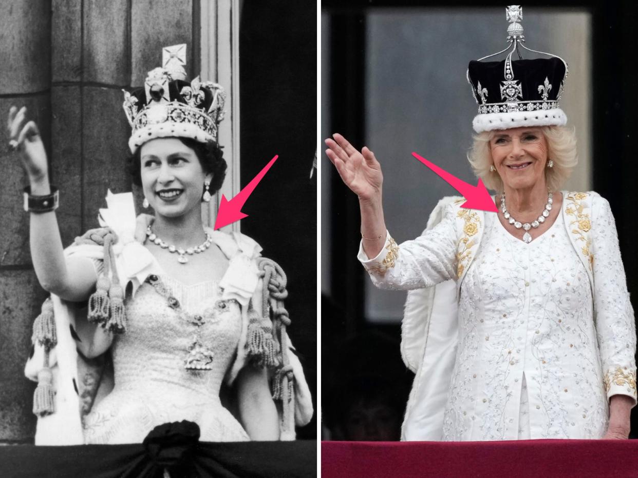 Queen Elizabeth II and Queen Camilla wearing the same necklace at coronations