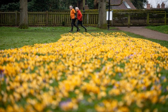 Men exercise by blooming flowers in St Nicholas’ Park in Warwick