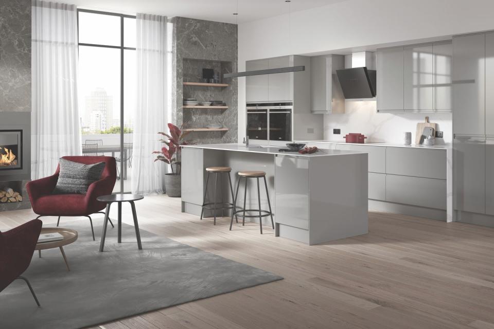 <p>A high gloss kitchen island is ideal for anyone looking for an ultra modern design. Perfect for creating the illusion of extra space, gloss is as practical as it is stylish. </p><p>• See more from the <a href="https://www.homebase.co.uk/our-range/kitchens/kitchen-ranges/bermondsey" rel="nofollow noopener" target="_blank" data-ylk="slk:House Beautiful Bermondsey kitchen;elm:context_link;itc:0;sec:content-canvas" class="link ">House Beautiful <strong>Bermondsey</strong> kitchen</a> at Homebase</p>