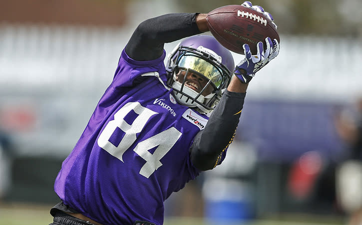 Minnesota Vikings wide receiver Cordarrelle Patterson catches a pass in drills at training camp.