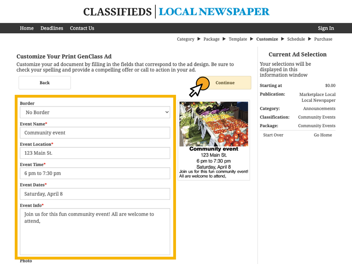 Next, fill out the form fields on the Print Ad Customization page to adjust how your notice will look in the newspaper.