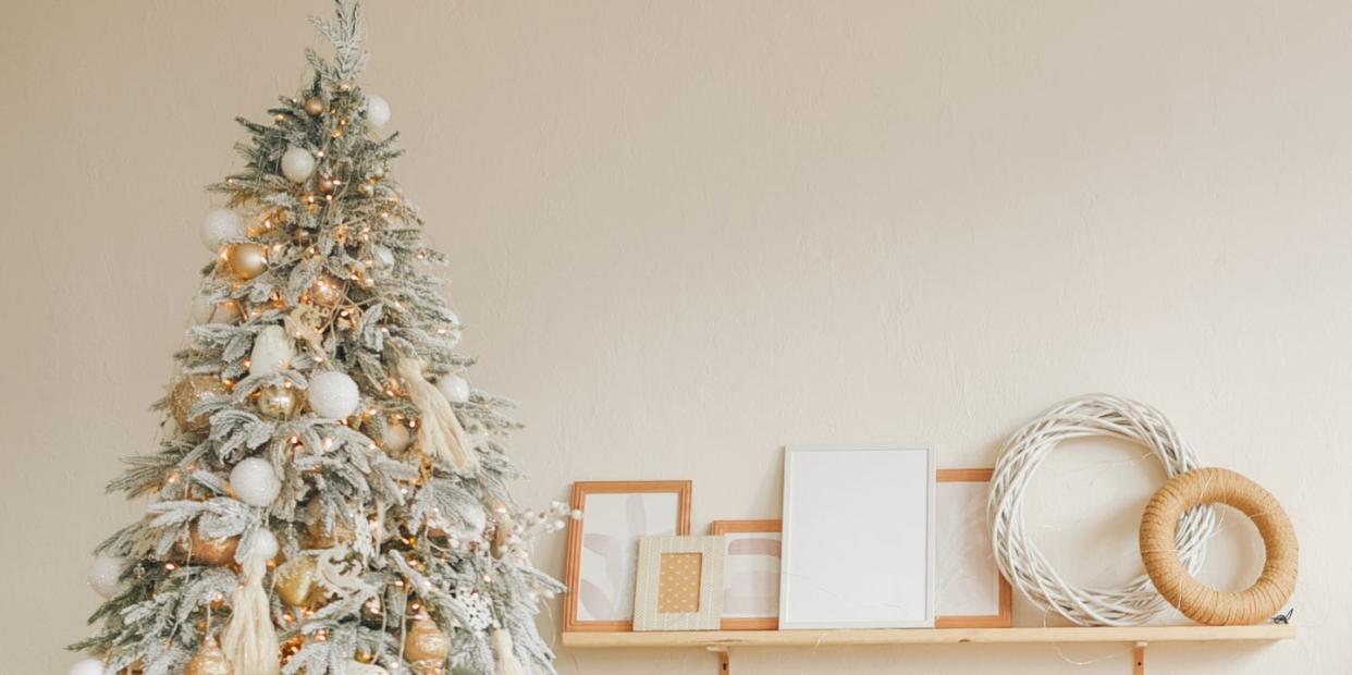 faux christmas tree pictured in a corner