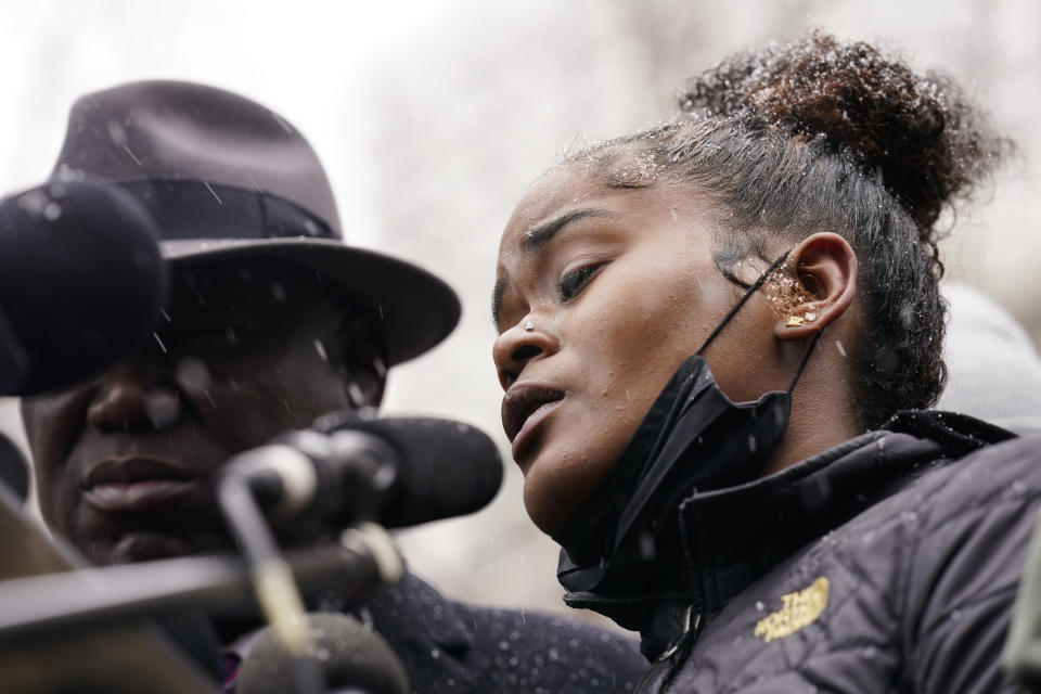 Chyna Whitaker speaks during a news conference, Tuesday, April 13, 2021, in Minneapolis. The father of her son, Daunte Wright, 20, was shot and killed by police Sunday after a traffic stop in Brooklyn Center, Minn. (AP Photo/John Minchillo)