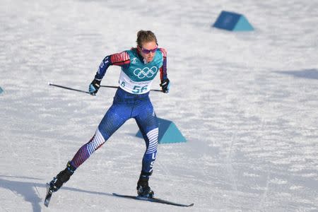 FILE PHOTO - Feb 15, 2018; Pyeongchang, South Korea; Jessica Diggins (USA) competes during the ladies cross country 10km freestyle Pyeongchang 2018 Olympic Winter Games at Alpensia Cross-Country Centre. Mandatory Credit: Andrew P. Scott