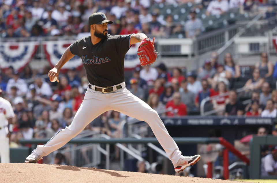 Miami Marlins starting pitcher Sandy Alcantara delivers in the first inning against the Atlanta Braves in a baseball game on Saturday, May 28, 2022, in Atlanta. (AP Photo/Bob Andres)