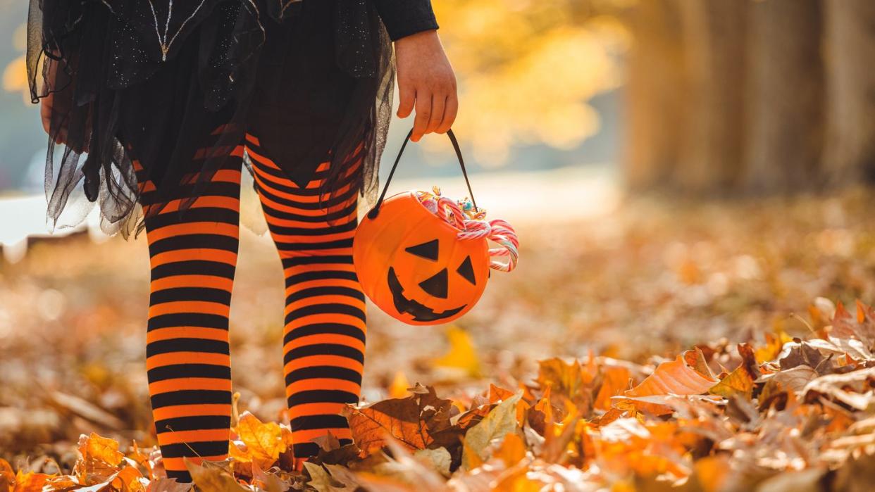 little girl in black and orange stockings walking in the leaves with a pumpkin purse full of candy