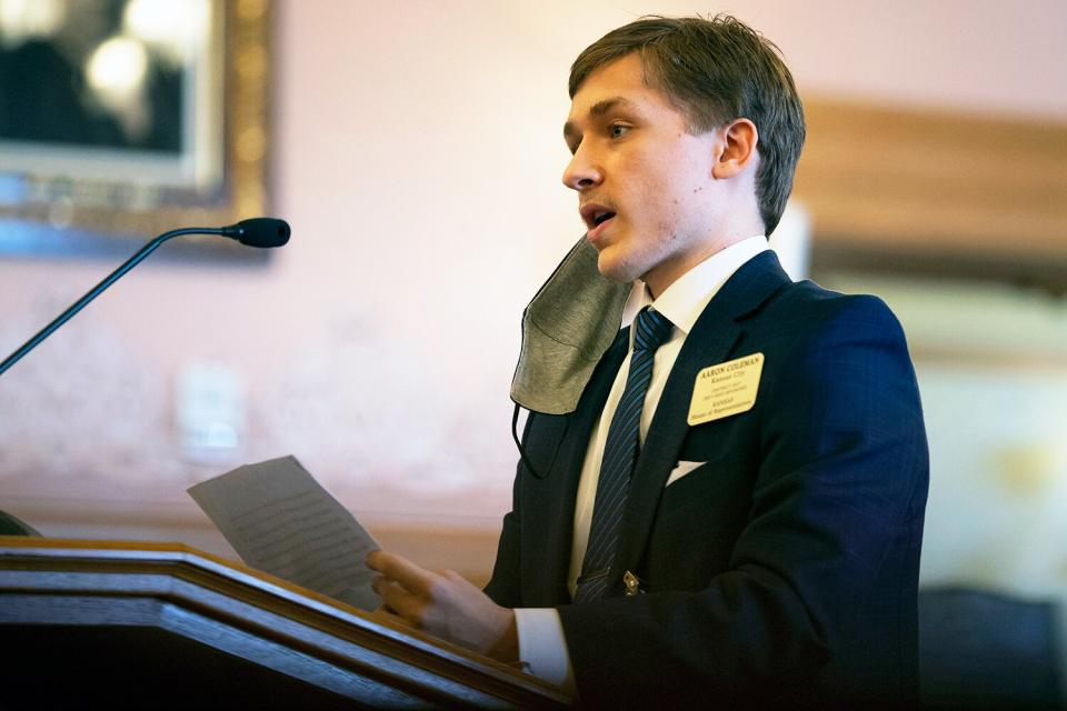 Rep. Aaron Coleman, D-Kansas City, speaks at the Kansas Statehouse in Topeka, Kan., Jan. 22, 2021.