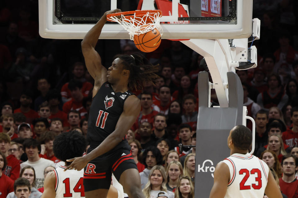 Rutgers' Clifford Omoruyi dunks against Ohio State during the second half of an NCAA college basketball game Thursday, Dec. 8, 2022, in Columbus, Ohio. (AP Photo/Jay LaPrete)