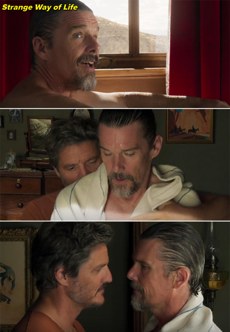 Pedro Pascal and Ethan Hawke share intimate moments, including a close embrace and a near kiss, in scenes from a movie or TV show