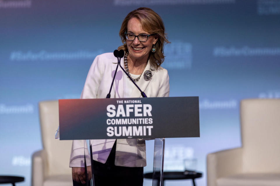 Gun control advocate and former U.S. Rep. Gabby Giffords (D-AZ) speaks during the National Safer Communities Summit at the University of Hartford on June 16, 2023.<span class="copyright">John Moore—Getty Images</span>