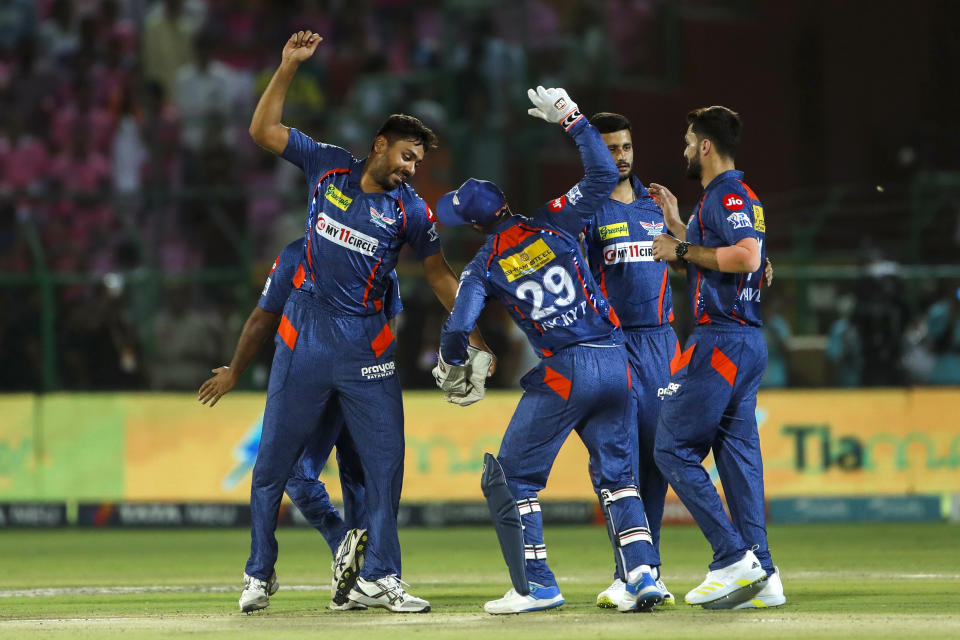 Lucknow Super Giants players celebrate after winning the Indian Premier League cricket match between Lucknow Super Giants and Rajasthan Royals in Jaipur, India, Wednesday, April 19, 2023. (AP Photo Surjeet Yadav )