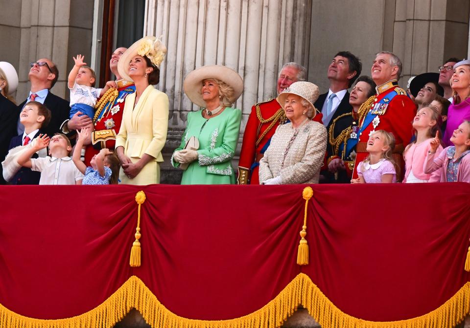 Prince Louis, Prince George, Prince William, Duke of Cambridge, Princess Charlotte, Catherine, Duchess of Cambridge, Camilla, Duchess of Cornwall, Prince Charles, Prince of Wales, Queen Elizabeth II, Princess Anne, Princess Royal, Savannah Phillips, Isla Phillips and Autumn Phillips