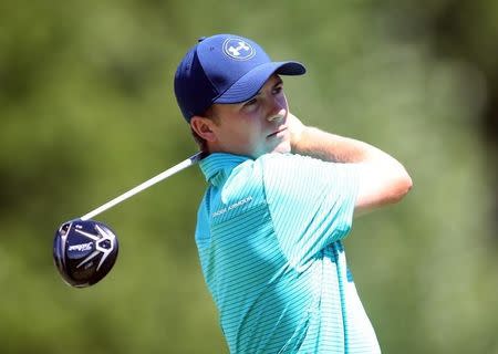 Jun 30, 2016; Akron, OH, USA; Jordan Spieth of the United States watches his tee shot on the sixth hole at Firestone Country Club - South Course. Mandatory Credit: Charles LeClaire-USA TODAY Sports