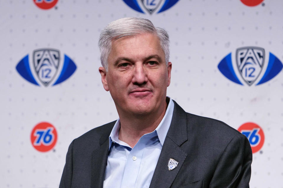 Dec 3, 2021; Las Vegas, NV, USA; Pac-12 commissioner George Kliavkoff speaks before the 2021 Pac-12 Championship Game between the <a class="link " href="https://sports.yahoo.com/ncaaw/teams/oregon/" data-i13n="sec:content-canvas;subsec:anchor_text;elm:context_link" data-ylk="slk:Oregon Ducks;sec:content-canvas;subsec:anchor_text;elm:context_link;itc:0">Oregon Ducks</a> and the <a class="link " href="https://sports.yahoo.com/ncaaw/teams/utah/" data-i13n="sec:content-canvas;subsec:anchor_text;elm:context_link" data-ylk="slk:Utah Utes;sec:content-canvas;subsec:anchor_text;elm:context_link;itc:0">Utah Utes</a> at Allegiant Stadium. Mandatory Credit: Kirby Lee-USA TODAY Sports
