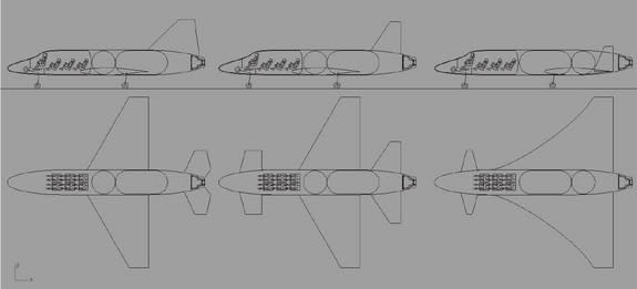 This graphic shows several concept ideas for the European Vinci suborbital space plane: From left to right: Concept 1, Concept 2 and Concept 3,