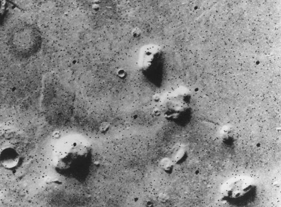 The original "Face on Mars" image taken by NASA's Viking 1 orbiter, in grey scale, on July 25, 1976. Image shows a remnant massif located in the Cydonia region.