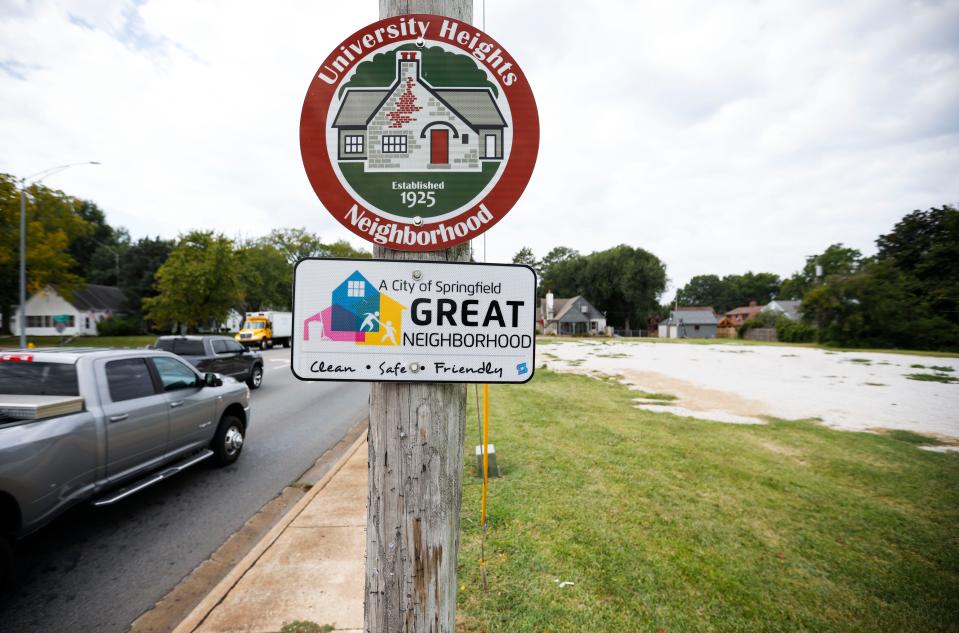 A University Heights Neighborhood sign along Sunshine Street next to properties on the northwest corner of National Avenue and Sunshine Street at the center of a lawsuit.