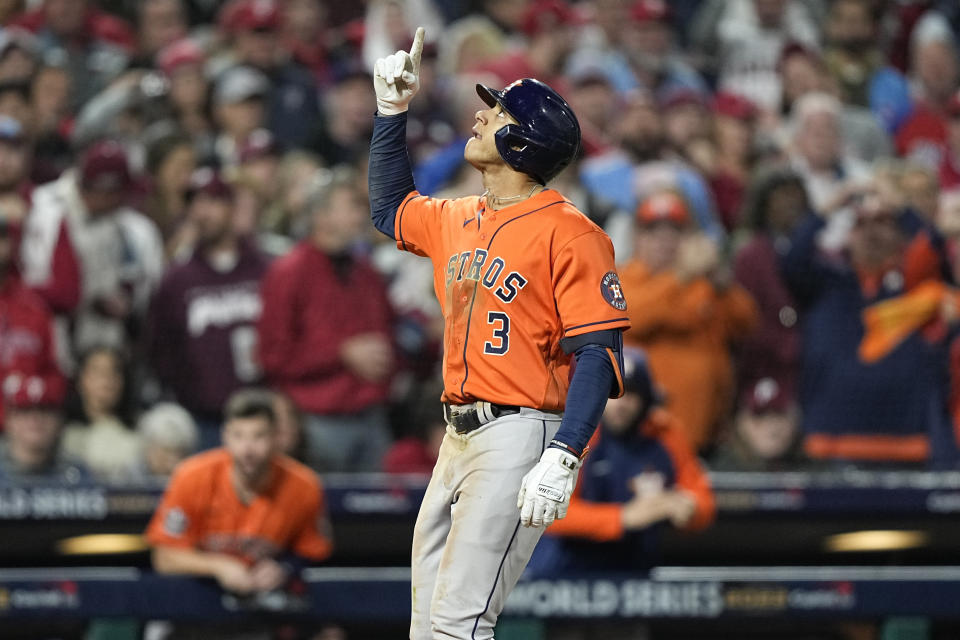 Houston Astros' Jeremy Pena celebrates his home run during the fourth inning in Game 5 of baseball's World Series between the Houston Astros and the Philadelphia Phillies on Thursday, Nov. 3, 2022, in Philadelphia. (AP Photo/David J. Phillip)