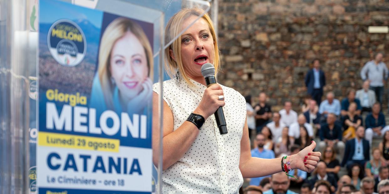 Giorgia Meloni, leader of Fratelli d'Italia, speaks at a rally in Catania, Italy on August 29, 2022.