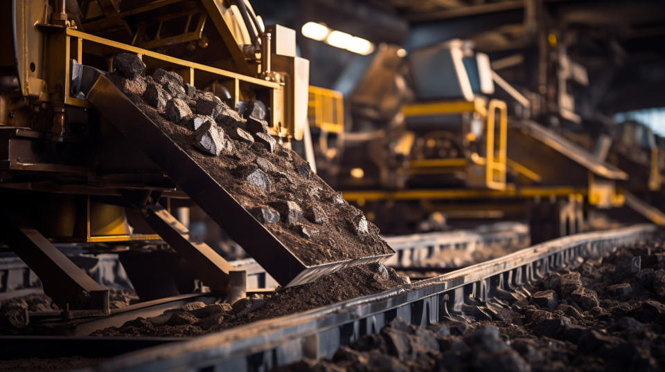 A close-up of a large, metallic machine processing ore and minerals in a mine.