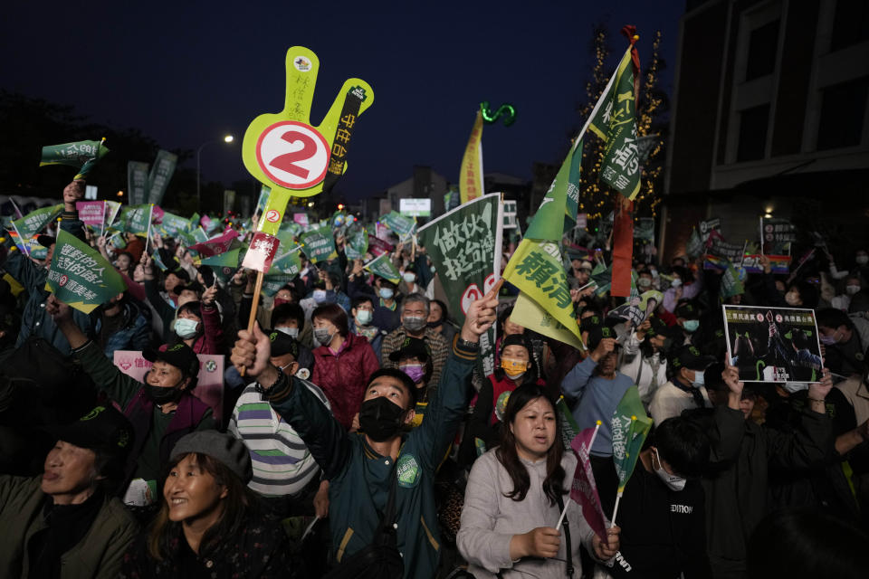 Supporters of the Democratic Progressive Party presidential candidate Lai Ching-te, who also goes by William, attend a rally in southern Taiwan's Tainan city on Friday, Jan. 12, 2024 ahead of the presidential election on Saturday. (AP Photo/Ng Han Guan)