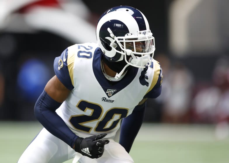 Rams cornerback Jalen Ramsey #20 of the Los Angeles Rams warms up prior to an NFL game against the Atlanta Falcons at Mercedes-Benz Stadium on October 20, 2019 in Atlanta, Georgia. (Photo by Todd Kirkland/Getty Images)