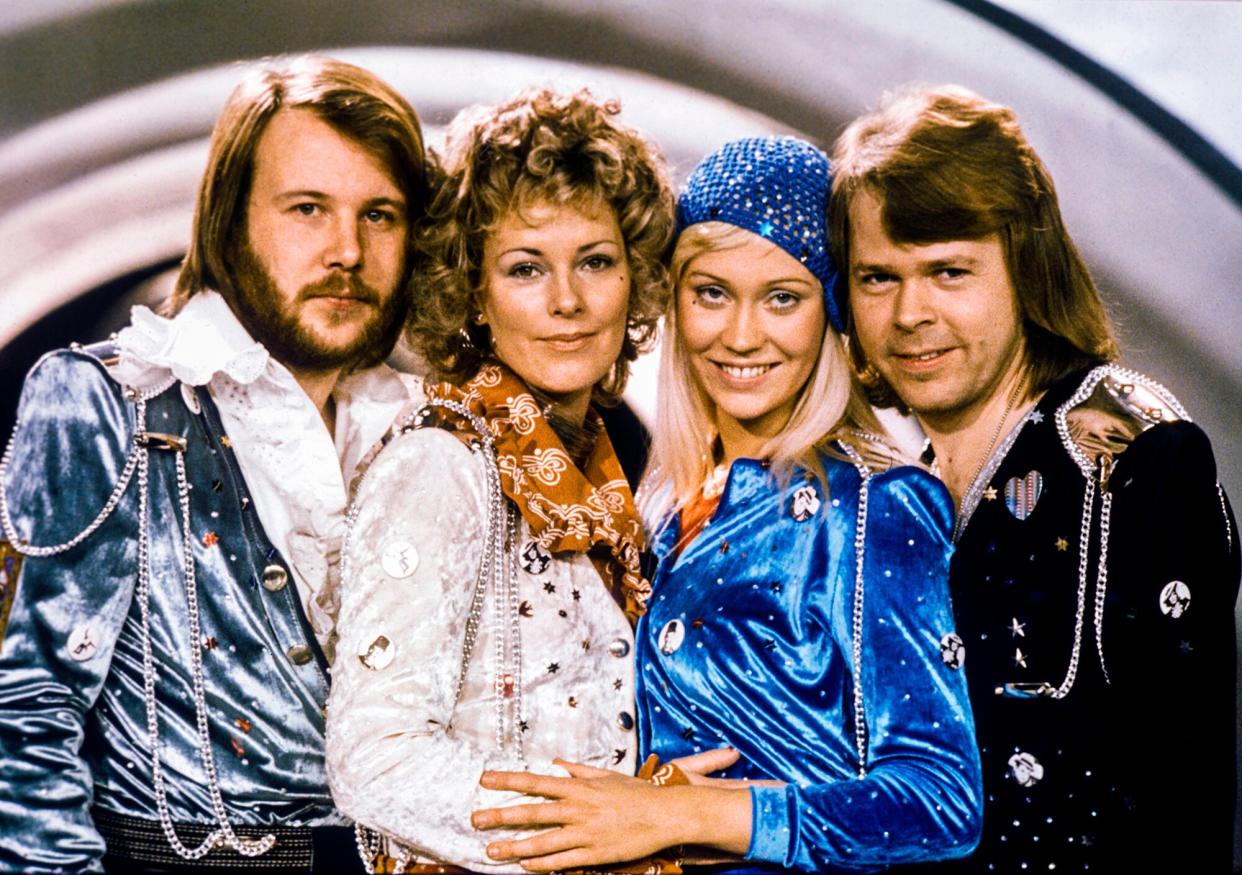 Swedish pop group Abba with its members (L-R) Benny Andersson, Anni-Frid Lyngstad, Agnetha Faltskog and Bjorn Ulvaeus posing after winning the Swedish branch of the Eurovision Song Contest with their song "Waterloo"