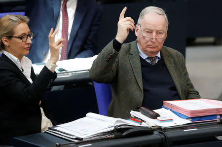 Alexander Gauland and Alice Weidel of the Anti-immigration party Alternative for Germany (AfD) during a session of the German lower house of Parliament, Bundestag, in Berlin, Germany, February 1, 2018. REUTERS/Axel Schmidt