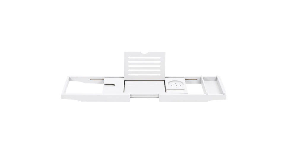 This adjustable bath tray is also available in grey and natural wood. 