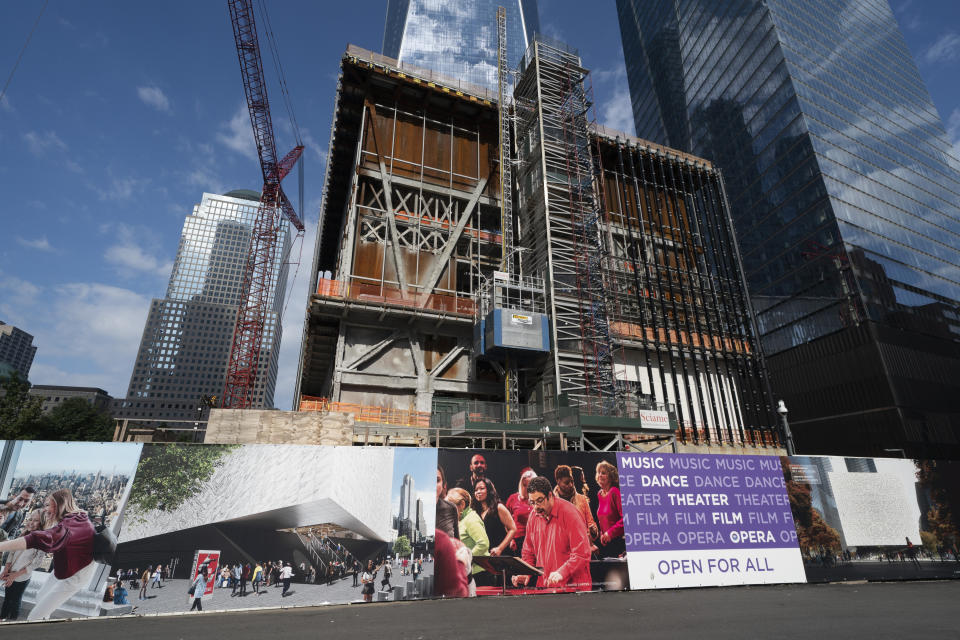 The Ronald O. Perelman Performing Arts Center is under construction, Wednesday, Sept. 8, 2021, at the World Trade Center in New York. After years of delays it is scheduled to open in 2023. (AP Photo/Mark Lennihan)